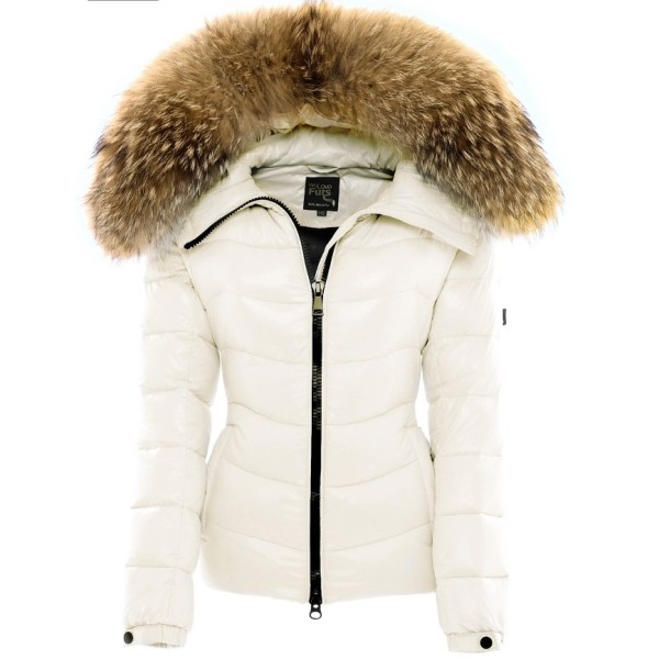 Fur Hooded Puffer Jacket In Cream White, White Coat Fur Collar