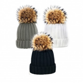 Knit Hat With Raccoon Fur Pom Black Fur Pom Ribbed Foldover Knit Hat Mimi Hat Adult Size