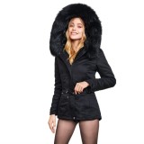 We Love Furs warmer schwarzer Mantel mit Echtpelz XXL Kragen „Petite“