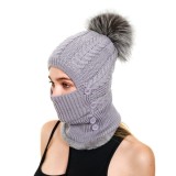 grey fur bobble hat with face cover