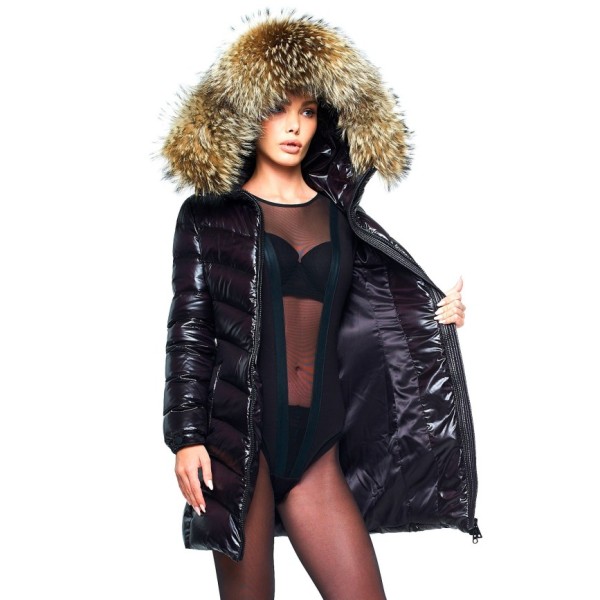 XXL Fur Hood Ladies Down Coat with Fur Hood black