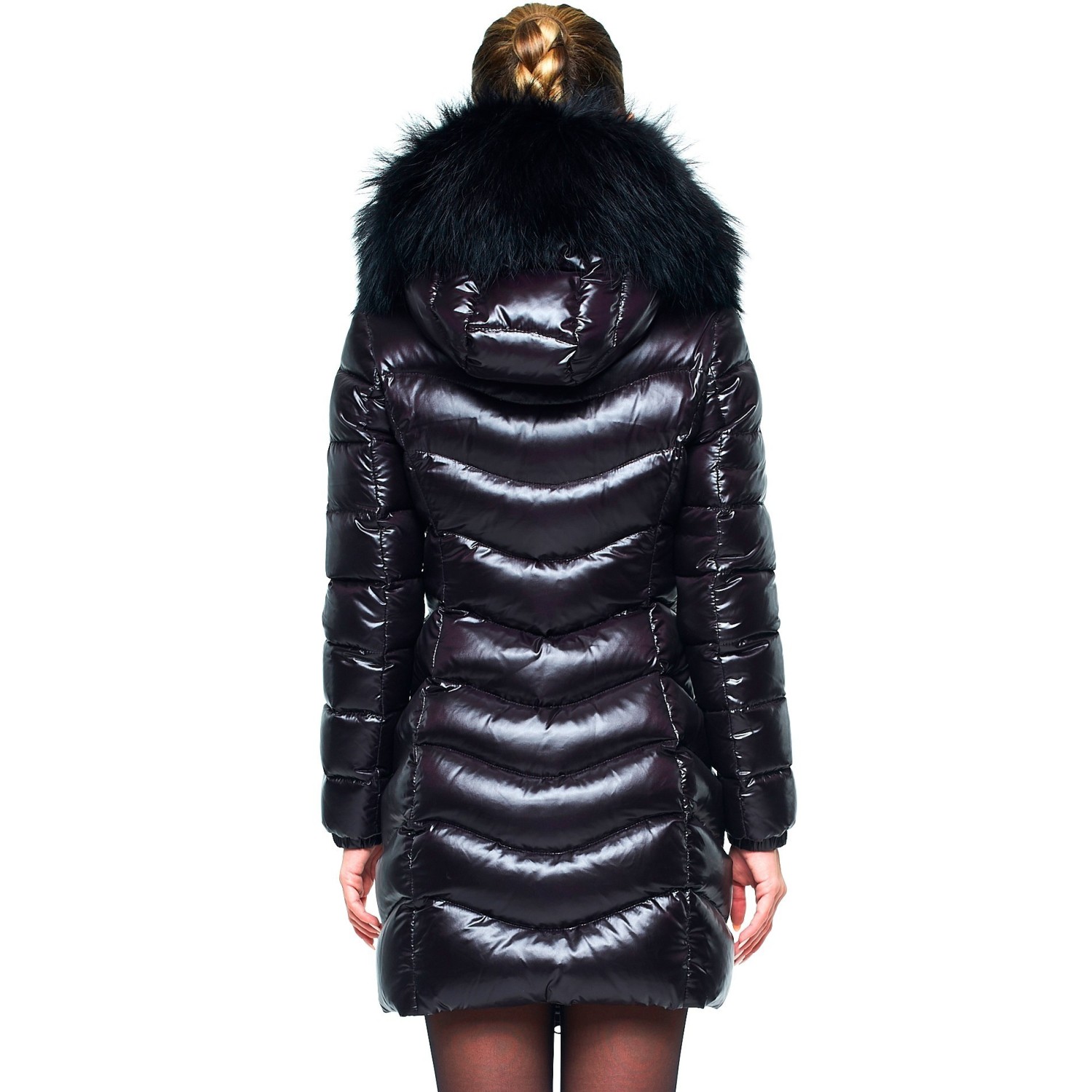 Woman Down Coat with Fur Hood black
