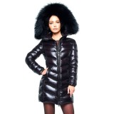 Black Woman Down Coat with Fur Hood black Down jacket winter jacket