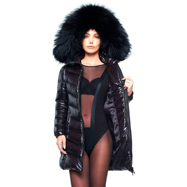Puffercoat Ladies Woman Down Coat with Fur Hood black