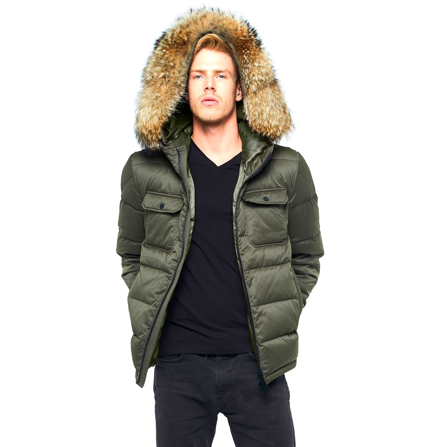 Pivaconis Mens Faux Fur Lined Faux Fur Hooded Winter Warm Down Quilted Coat Jacket Outwear 