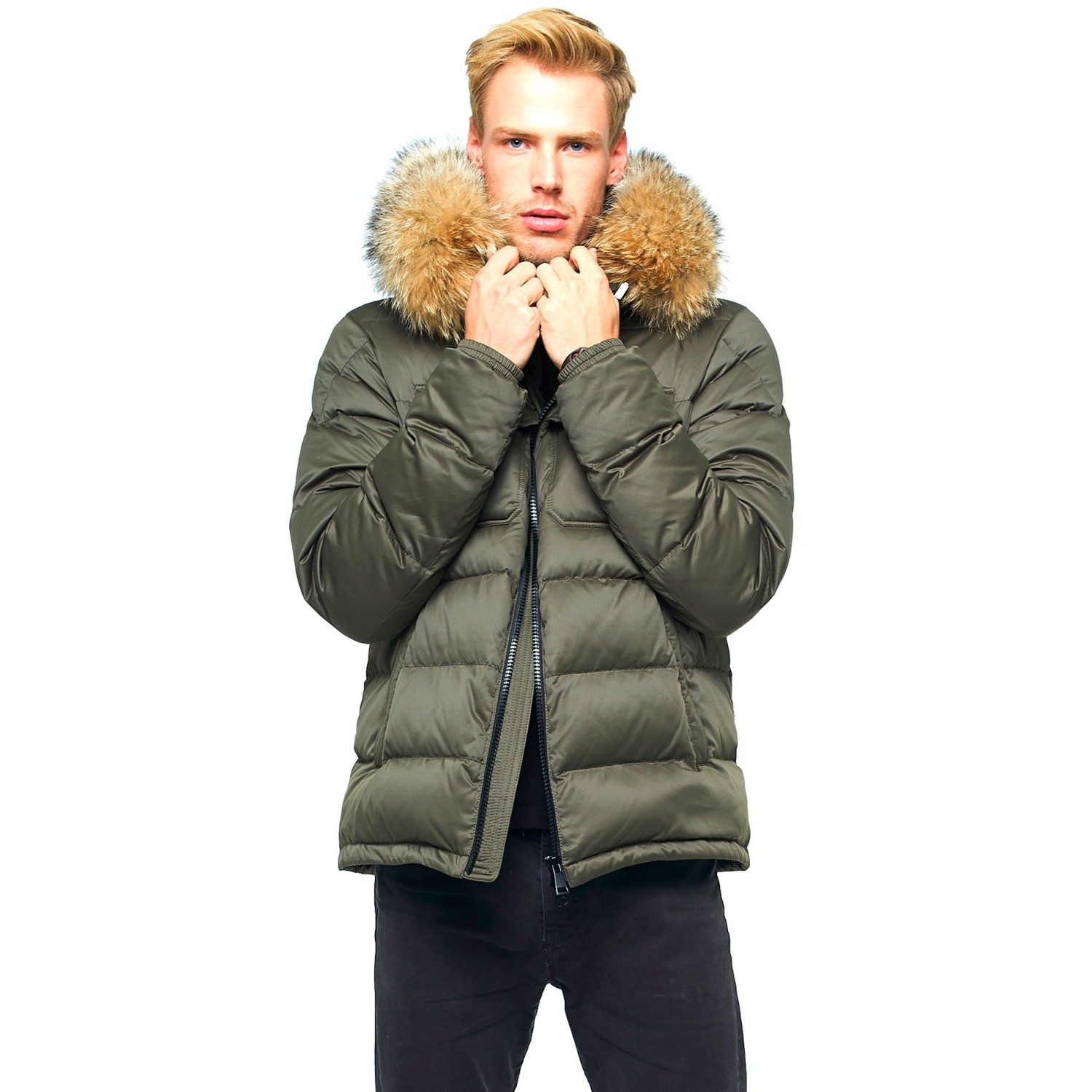 XQS Mens Down Hooded Luxurious Down Fur Coat Jacket Faux Fur Collar 