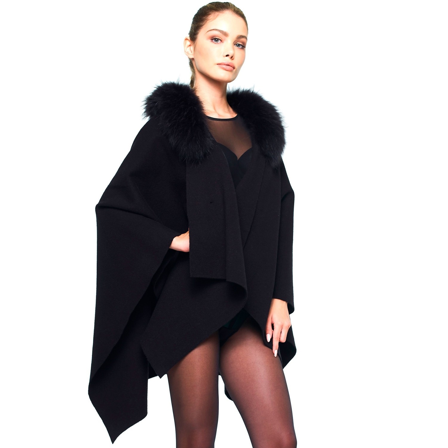 Real Fur Woman Poncho Cape black