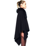 Woman Cape Poncho Winter warm black Fur hood