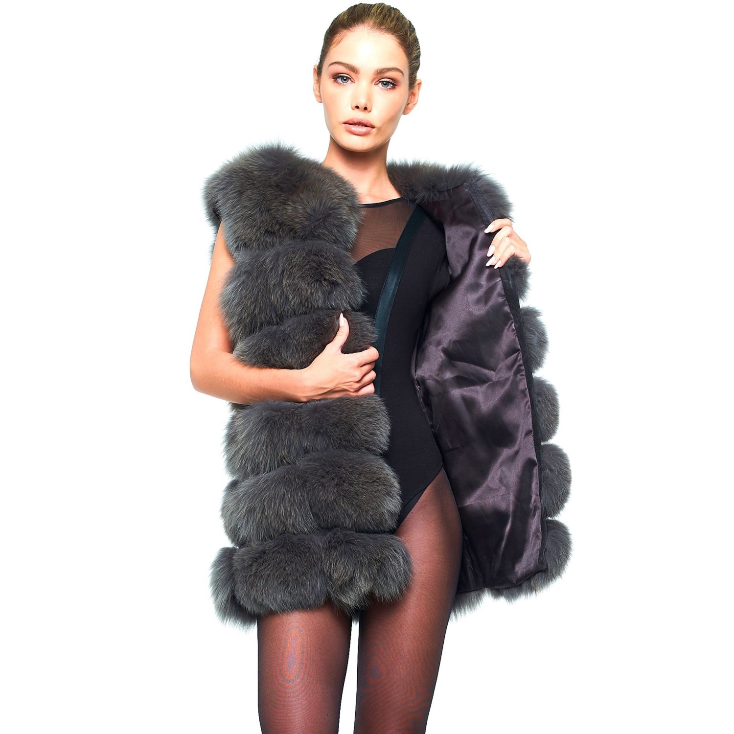 Ladies Fox Fur Gilet Realfur Grey Winterjacket