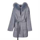 Woolcoat with fur collar "JULES", grey, Realfur, welovefurs