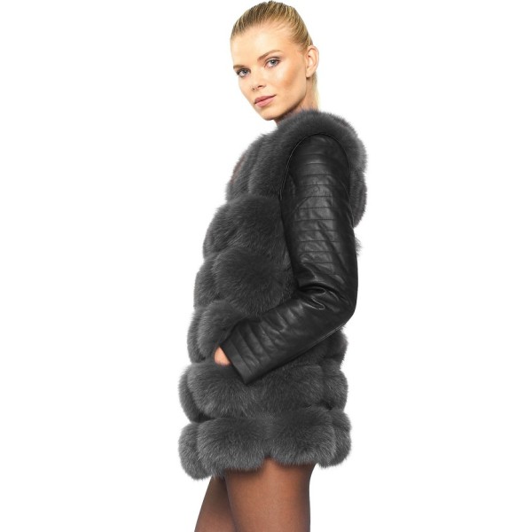 Real Fur Jacket Vogue With Leather, Fake Fur Coats With Leather Sleeves