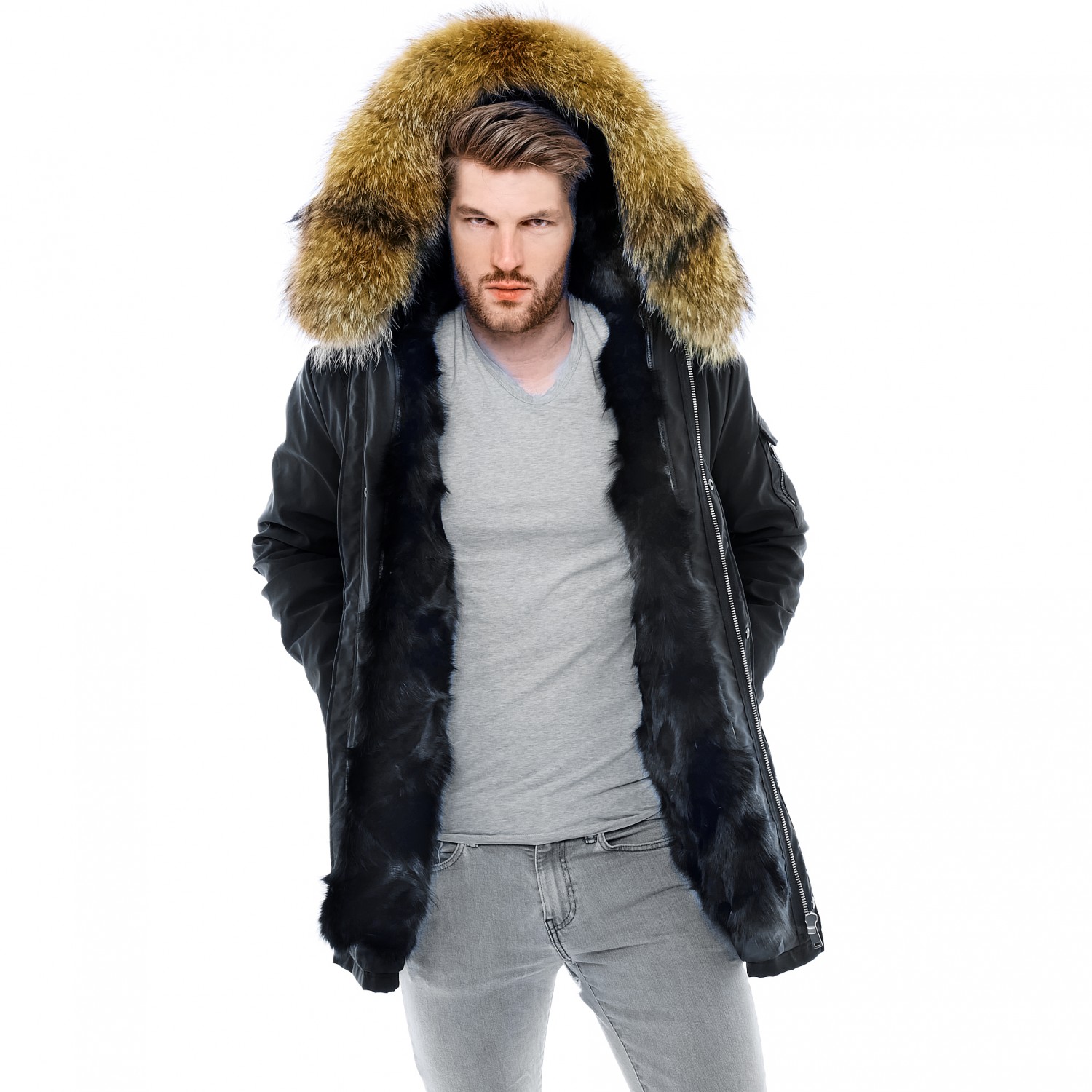 Men's Parka Faux fur Coat Trench Woolen Jacket Overcoat Outerwear LL00