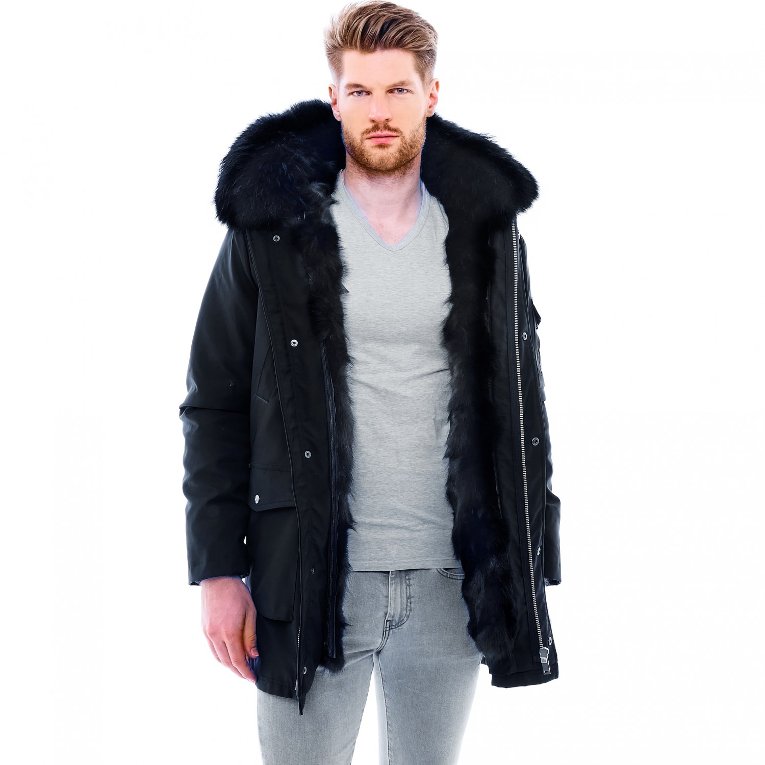SHOWNO-Men Winter Long Hooded Faux Fur Lined Quilted Jacket Parka Coat