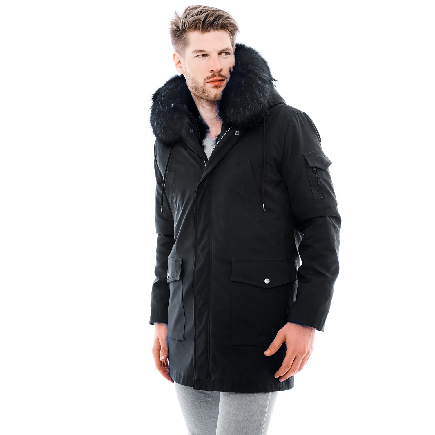Men's Parka Faux fur Coat Trench Woolen Jacket Overcoat Outerwear LL00
