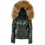 realfur We Love Furs Glossy black Pufferjacket with Fur "Glossia" Finnraccoon